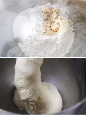 将除黄油外的面团材料加入厨师机搅拌桶，开启1档聚成团后转3档揉面至较光滑状态。