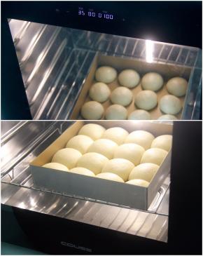 CF-100A发酵箱，设定温度35度，湿度85%，时间60分钟，底部水盘加水加湿，面团放入二次发酵至约2倍大小。