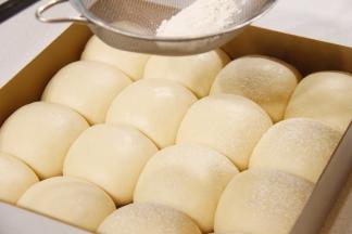 发酵好的面团取出，表面筛一层薄面粉。