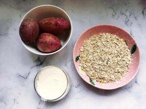 首先将紫薯清洗干净后上锅蒸熟，待紫薯蒸熟后，把所需要的食材称量好备用。