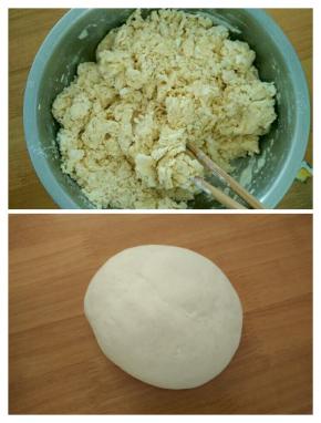 把除了绿豆馅外的食材混合均匀，然后慢慢倒入温水，搅拌成絮状，再用手揉成光滑的面团，然后放到温暖处发酵一个小时左右。