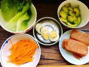 先将午餐肉切片，然后平底锅里倒入少许油，将午餐肉煎至两面稍黄，装入盘子里备用，接着将生菜洗净沥干水，胡萝卜洗净去皮后切丝，鸡蛋煮熟后切片，牛油果去掉外皮、去核以后切片，胡萝卜丝可以用海盐和黑胡椒碎调味。