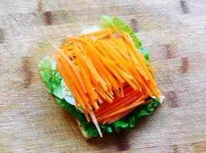 在牛油果的上面铺上三片鸡蛋，再铺上胡萝卜丝，两侧比较空的位置也铺上胡萝卜丝，能铺多满就铺多满。