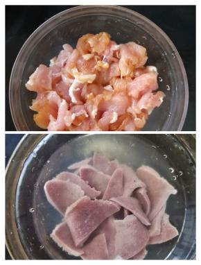 猪肝和瘦肉洗干净。
猪肉切片加入适量盐、淀粉、酱油和几滴料酒，搅拌均匀。
猪肝切约2-3毫米薄片，用流动的清水反复冲洗至再无血水渗出。去除残存于猪肝的毒素。