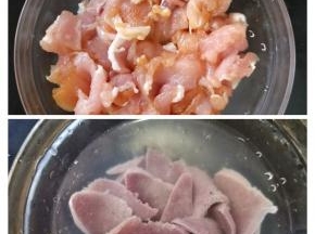 猪肝和瘦肉洗干净。
猪肉切片加入适量盐、淀粉、酱油和几滴料酒，搅拌均匀。
猪肝切约2-3毫米薄片，用流动的清水反复冲洗至再无血水渗出。去除残存于猪肝的毒素。
