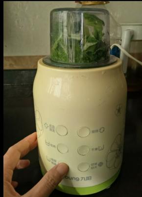 取几片青菜叶洗干净，放到九阳料理机，加一点点水打到细腻，然后过滤，称10克青菜泥备用。