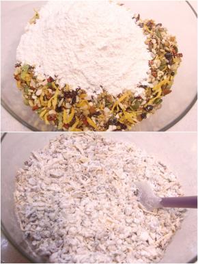 制作五仁馅：将晾凉的粉类加到混合好的五仁馅料中，拌均匀。