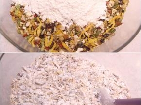 制作五仁馅：将晾凉的粉类加到混合好的五仁馅料中，拌均匀。