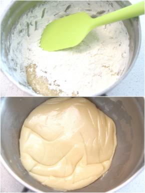 加入过筛的面粉，拌成至无干粉状态后将饼皮面团稍整理成油亮光滑状态，用保鲜膜盖好，室温下松弛至少2小时。