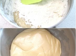 加入过筛的面粉，拌成至无干粉状态后将饼皮面团稍整理成油亮光滑状态，用保鲜膜盖好，室温下松弛至少2小时。