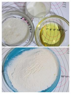 准备材料:鸡蛋5个(中等大小，我的就是超市买的)。糖50克，牛奶55克，玉米油45克，低粉65克。