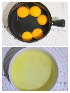 将蛋白和蛋清分开放在两个无油无水的盆中