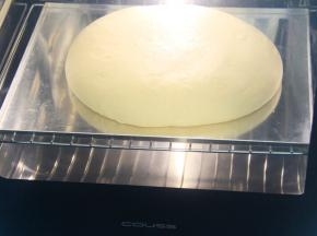 CF-100A发酵箱，选择温度28度，湿度70%，时间60分钟，底部水盘加水加湿，预热完成提示音响后面团放入进行基础发酵至约2倍大。