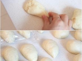 将松弛后的面团拍压成椭圆状，翻面横放，从一头的两边向内折，翻面后揉搓成水滴形，松弛15分钟。