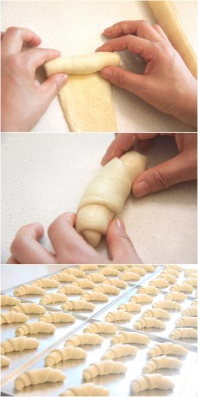 自上而下卷起，收口朝下压紧排入烤盘。做好6层面团。