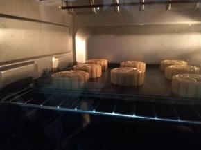 烤箱230度提前预热20-30分钟，再放入准备好的月饼高温烘烤8分钟。（根据月饼的上色情况调整时间）