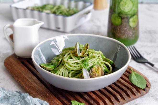 菠菜青酱海鲜意面