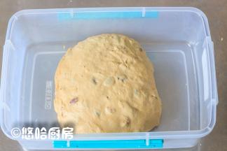 面团中放入葡萄干、核桃仁，用手反复折叠面团，将果干包入面团即可，面团收光滑放入保鲜盒中，室温下发酵