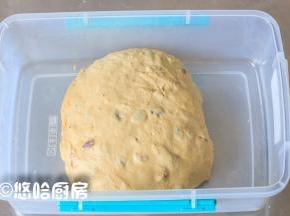 面团中放入葡萄干、核桃仁，用手反复折叠面团，将果干包入面团即可，面团收光滑放入保鲜盒中，室温下发酵