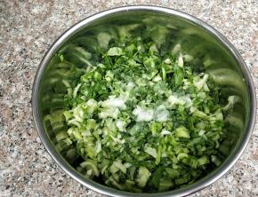 青菜洗净，切成小块，加入少许的盐腌出汁水，再用手微微的捏干一下。