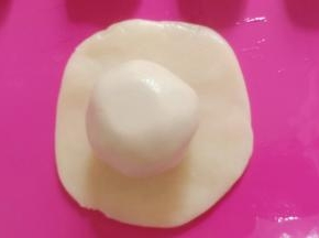 桃山皮馅分成25克一个，取一个桃山皮，包入一个蛋黄。