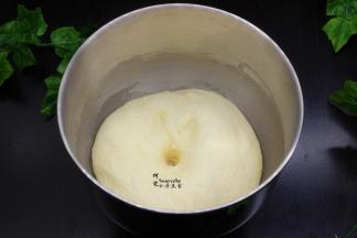 接着用手揉成光滑面团，放在桶里，盖上盖子，发酵至原来的2倍。手指蘸点面粉，按压面团，不回缩，说明面团发酵好。