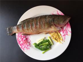 将鱼洗净两面划刀口，不宜割断。生姜切丝，小葱切段。