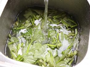 放进水池里冲洗干净；