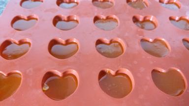 装入模具内，我用木勺给舀进去，也可以装裱花袋然后挤到模具内，没有模具的话，直接用小方盒装着，冷却后脱模，切小块也可以