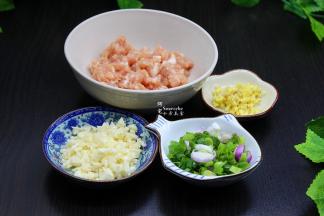 猪瘦肉洗净，切片之后再用手工剁成粒粒，大蒜去皮，剁碎，生姜洗净，剁碎成姜末，还有香葱洗净切块。