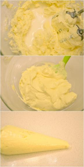 制作馅料：将室温软化的奶油奶酪搅拌至顺滑，再加入糖粉，奶油和牛奶，搅拌均匀后装入裱花袋，备用。