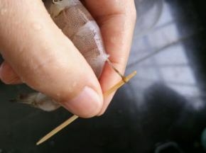 再用牙签挑去虾肠和虾线。