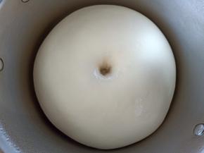 待面团发酵至两倍大，手指蘸面粉戳洞不回缩不塌陷就发好了