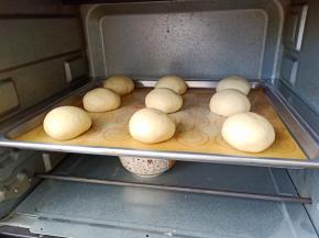 面团摆到烤盘上，烤箱放一碗温水，进行二次发酵(这会的天气不需要开温度)