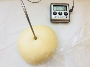 3、面团温度不要超过28度。将面团放到发酵盒里，尽量摊扁它，让它发酵时整体的温度尽量一致。发酵至两倍大。