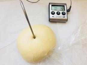 3、面团温度不要超过28度。将面团放到发酵盒里，尽量摊扁它，让它发酵时整体的温度尽量一致。发酵至两倍大。