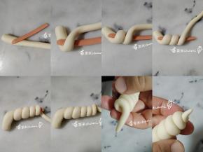 把火腿肠放在大的那边，再下来一些的位置，围着火腿肠绕圈圈，全包住火腿肠后，尾部尖的部分如图收尾便可。