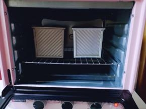 放入烤箱进行发酵，放入一杯开水，保持面包胚的湿度！