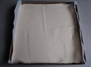 将蛋糕糊倒入铺了油纸的正方形烤盘里，刮平表面