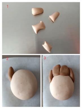 如图所示，取适量可可面团搓成长条，分割成4份，做出莱德的头发来