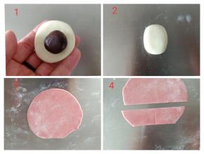 接下来做莱德的身体，如图包好豆沙后整形成长方体的形状，红色面团擀薄片，切出莱德的衣服来