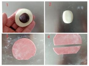 接下来做莱德的身体，如图包好豆沙后整形成长方体的形状，红色面团擀薄片，切出莱德的衣服来