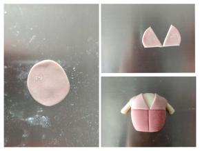 粉色面团擀薄片，切出衣领的样子，粘好