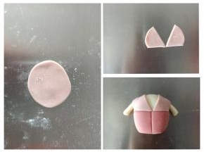 粉色面团擀薄片，切出衣领的样子，粘好