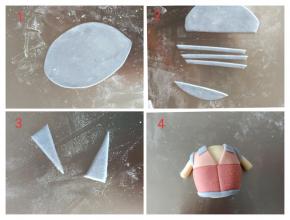 蓝色面团擀薄片，切出细长条和三角形的衣领状，如图分别粘到身体上