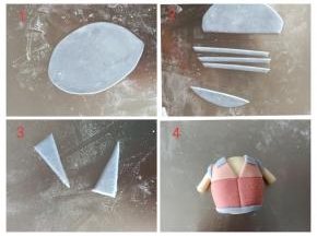 蓝色面团擀薄片，切出细长条和三角形的衣领状，如图分别粘到身体上