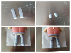 蓝色面团搓圆柱，再搓两个粗水滴状，组合起来，粘到身体下方，用黑色面团搓细条，做出裤兜的样子来