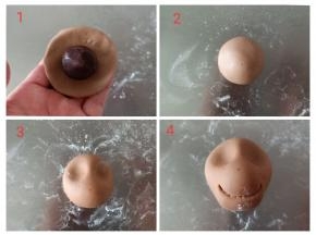 接下来做狗狗，路马，包好馅料，收口向下滚圆，用两个手指如图所示按出眼窝的样子来，用趁手的工具在合适的位置压出狗狗的嘴巴来