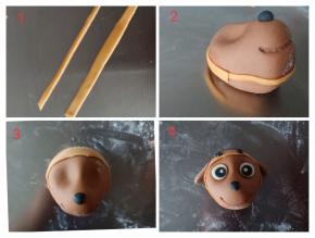 橘色面团擀薄片切条，一粗一细，粗的绕上面粘，细的绕下面粘，再切一个宽片，作为路马的帽子，粘好，用黑色面团做点装饰，再把路马的眼睛，鼻子粘好