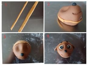 橘色面团擀薄片切条，一粗一细，粗的绕上面粘，细的绕下面粘，再切一个宽片，作为路马的帽子，粘好，用黑色面团做点装饰，再把路马的眼睛，鼻子粘好